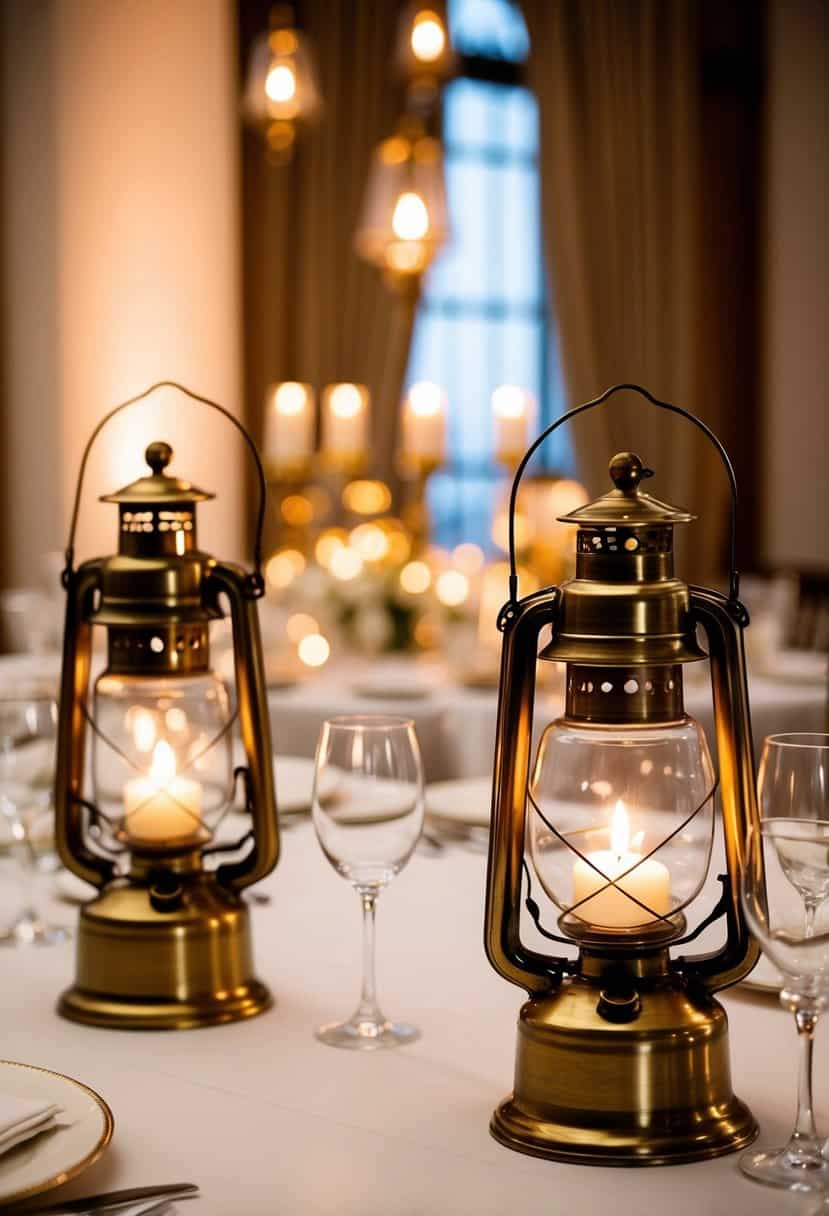 Antique brass lanterns adorn a chic wedding table, casting a warm and romantic glow over the elegant setting
