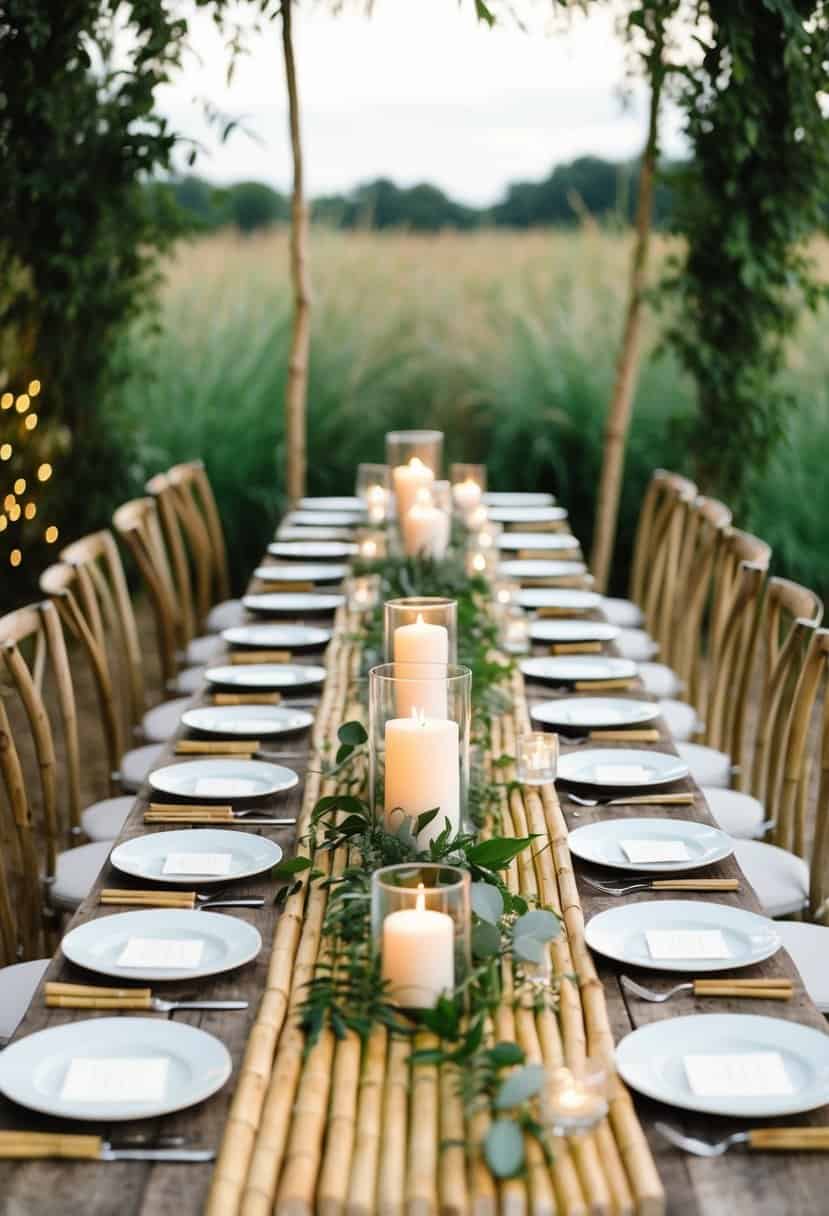 A rustic wedding table adorned with bamboo table runners, set against a backdrop of natural greenery and soft candlelight