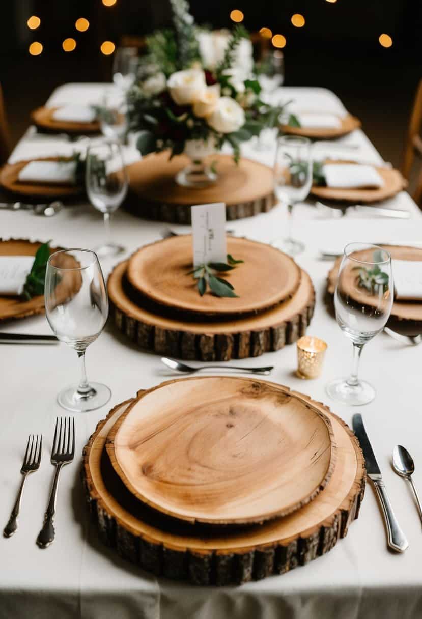 Rustic wooden slab chargers set beneath vintage tableware on a wedding reception table