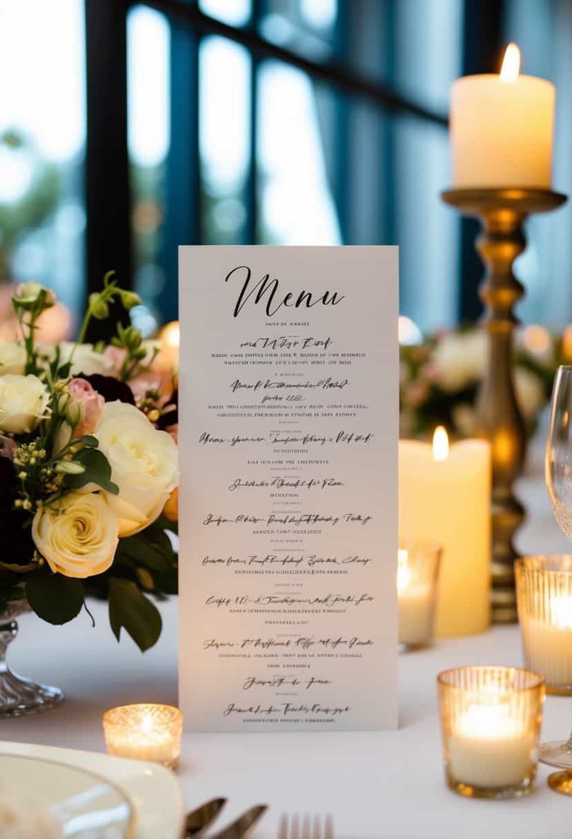 Elegant handwritten menu cards displayed on a table with floral centerpieces and soft candlelight