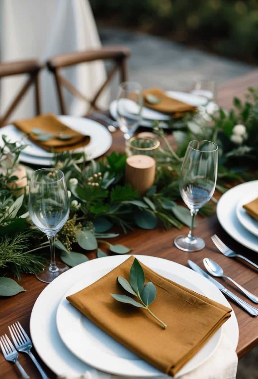 A table set with organic cotton napkins in earthy tones, adorned with fresh greenery and wooden accents for a sustainable wedding