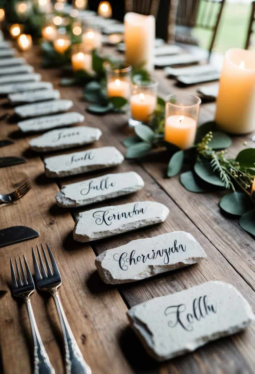 Stone place cards arranged on a rustic wooden table, each personalized with elegant calligraphy. Delicate greenery and soft candlelight add to the romantic ambiance