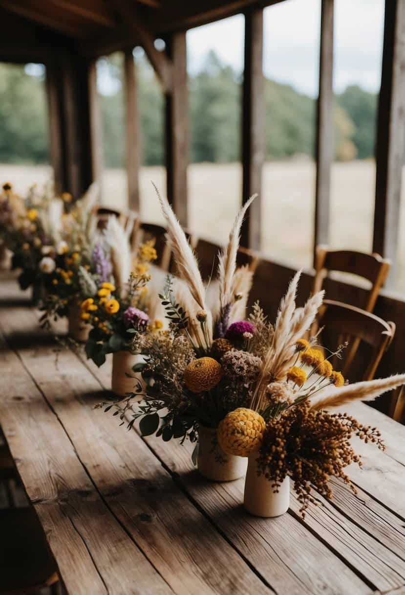 A rustic wooden table adorned with dried flower bouquets in various sizes and colors, creating a sustainable and eco-friendly wedding decoration
