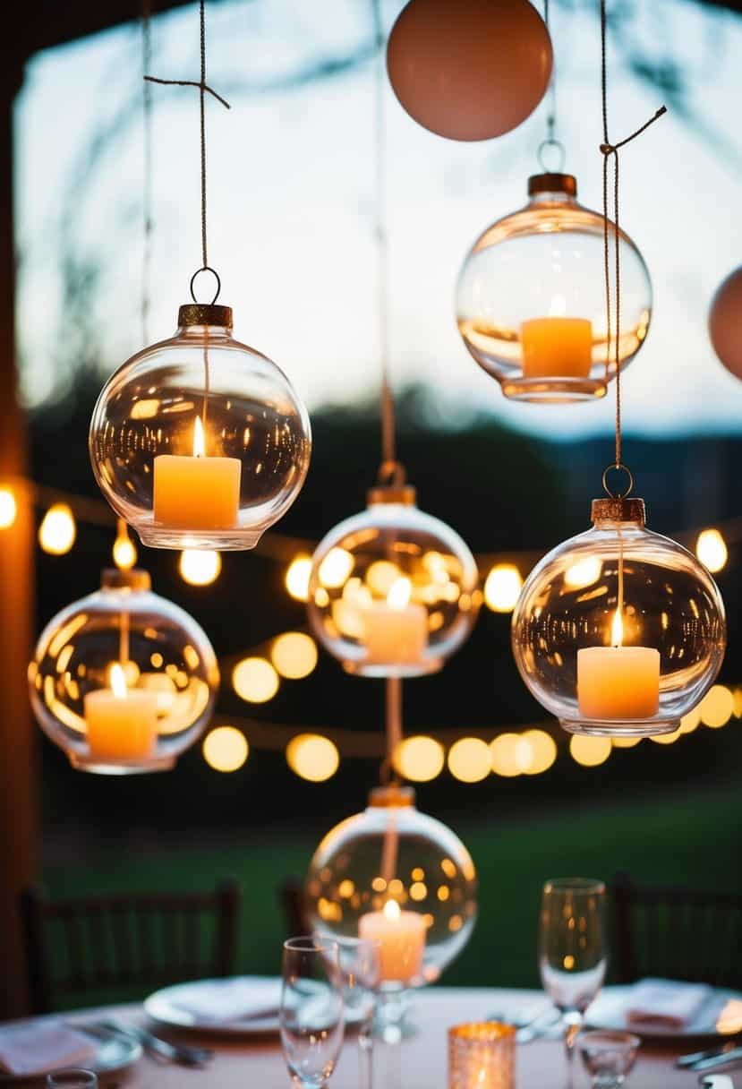 Several glass bauble votives float above a wedding table, casting a warm, flickering glow
