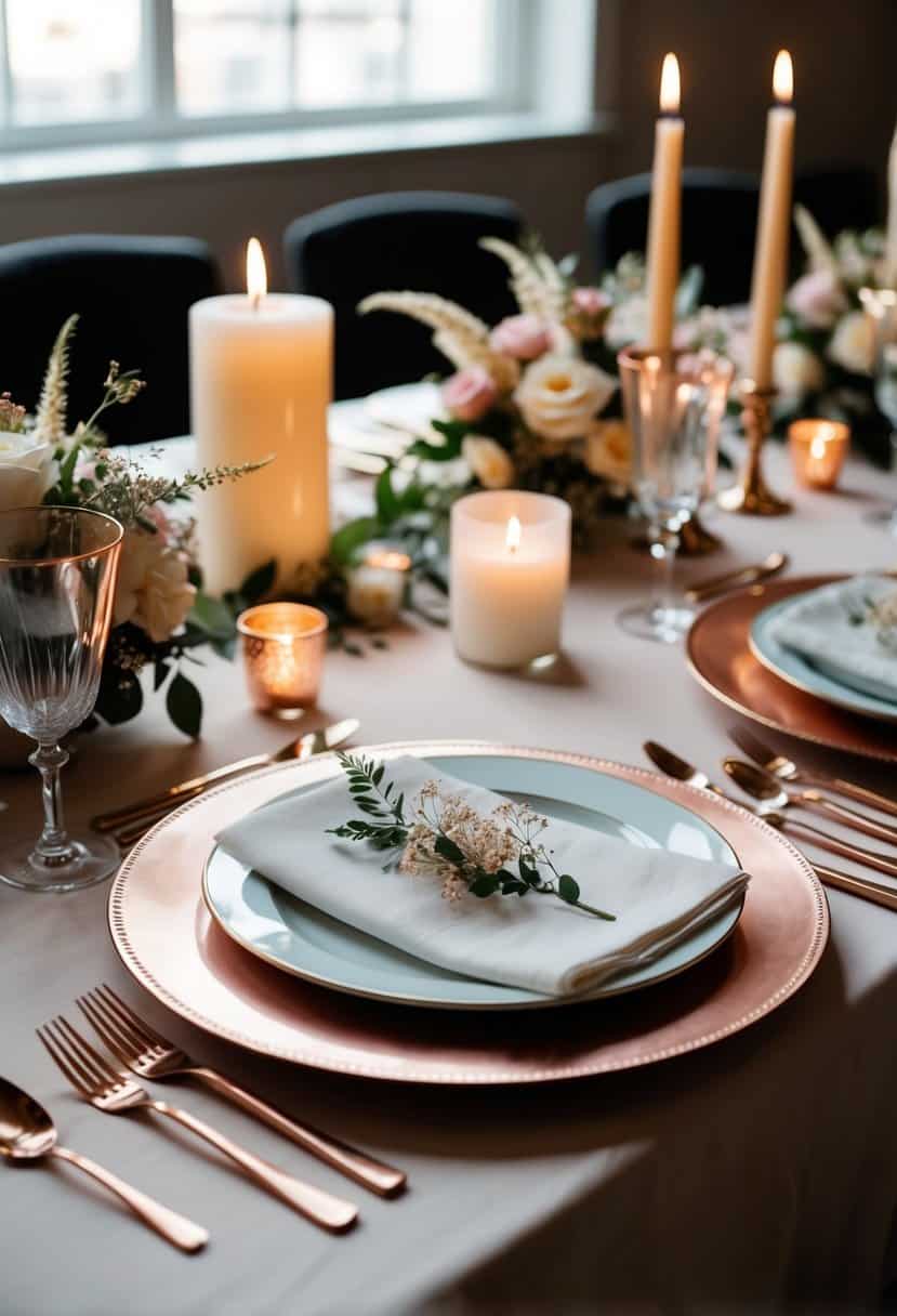 A elegant table setting with copper flatware, delicate floral arrangements, and soft candlelight for a chic wedding celebration