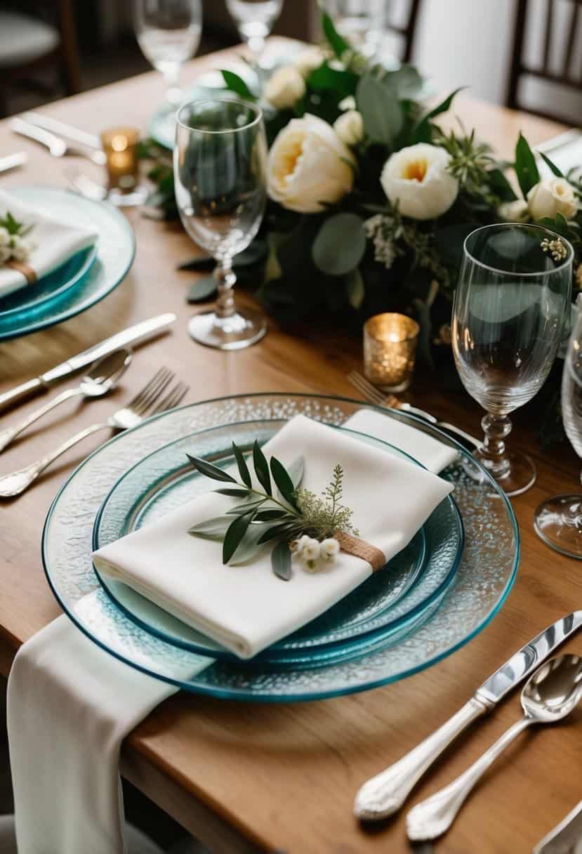 A table set with elegant, reusable glass charger plates, adorned with sustainable wedding decor