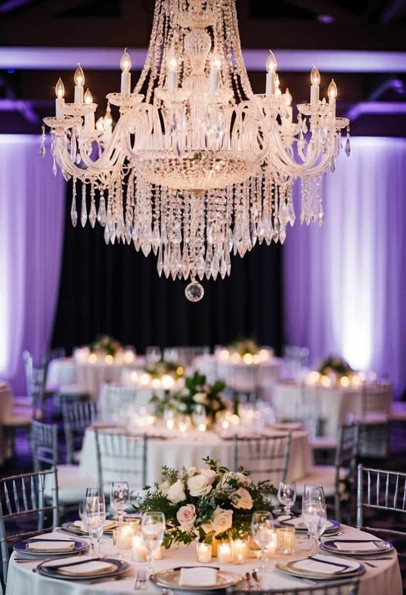 A grand crystal chandelier hangs above a beautifully set wedding table, adding an elegant and luxurious touch to the stylish decor