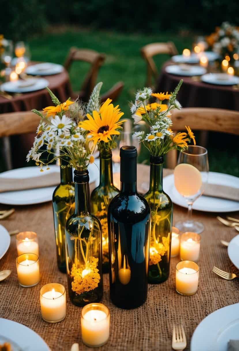 A rustic wedding table adorned with upcycled wine bottle centerpieces filled with wildflowers and surrounded by flickering tea light candles