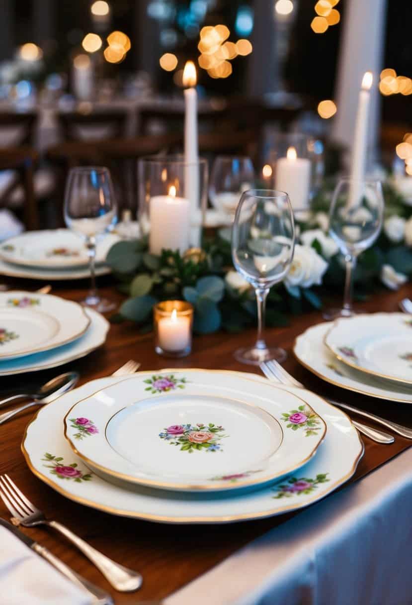 Hand-painted porcelain plates arranged as wedding table decor