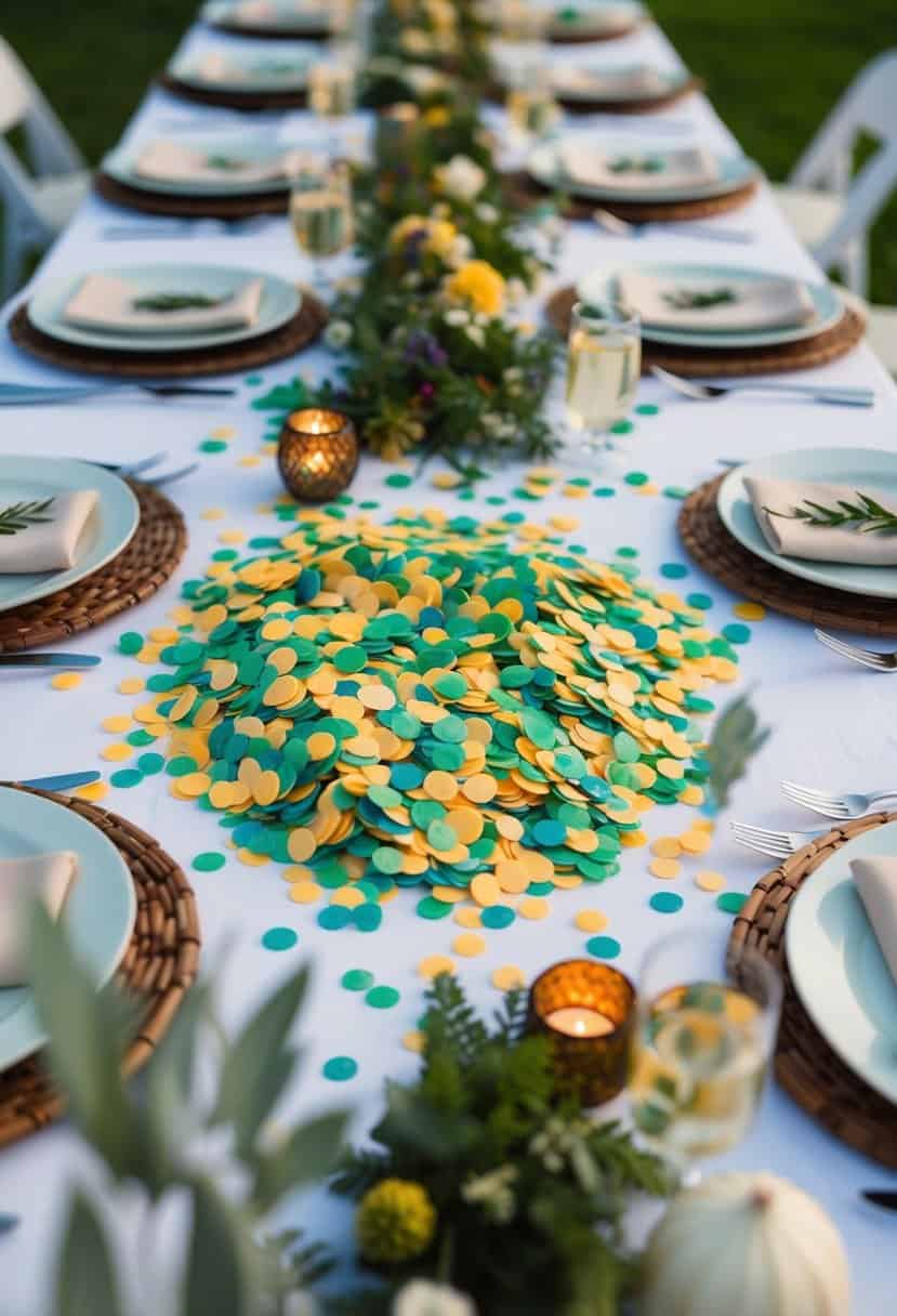 Colorful biodegradable confetti scattered across a wedding table, surrounded by eco-friendly centerpieces and natural elements