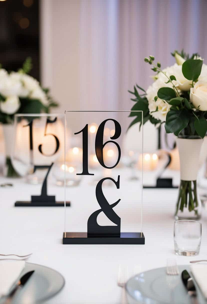 A set of sleek acrylic table numbers arranged in a minimalist style on a modern wedding reception table