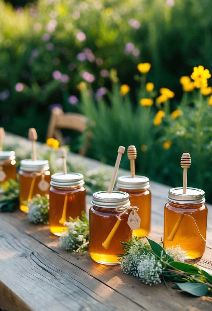 A rustic wooden table adorned with honey jar favors, surrounded by greenery and wildflowers