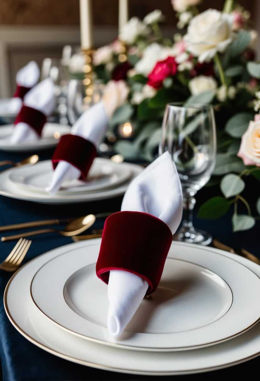 A table set with elegant velvet ribbon napkin rings in a stylish wedding decor