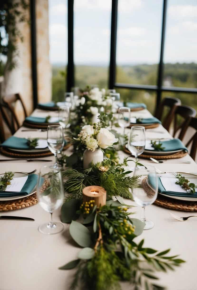 A table set with eco-friendly linens, adorned with natural elements like flowers and greenery, creating a sustainable and elegant wedding decoration
