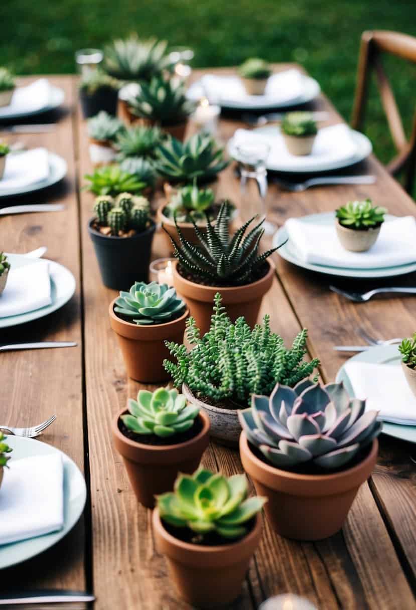 A rustic wooden table adorned with various succulent plants in decorative pots, serving as sustainable and elegant wedding table decorations