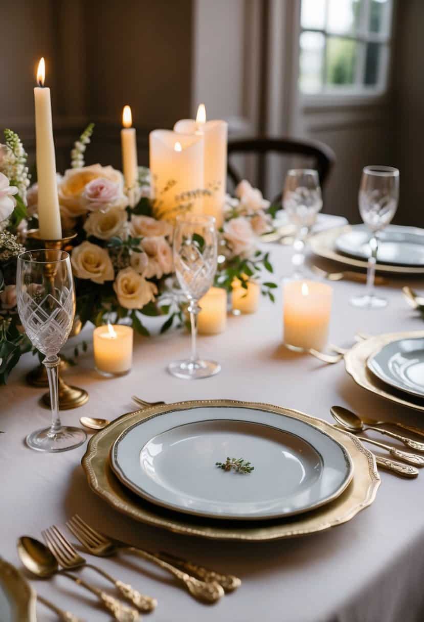 An elegant wedding table adorned with antique brass flatware sets, complemented by delicate floral centerpieces and softly glowing candlelight