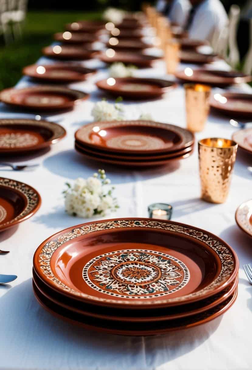 Terracotta plates with intricate traditional patterns arranged on a wedding table