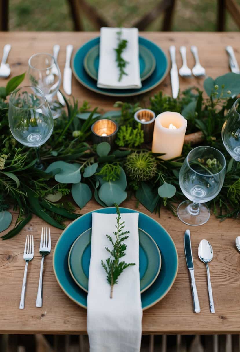 A rustic wooden table adorned with eco-friendly cutlery sets, surrounded by greenery and natural accents for a sustainable wedding celebration