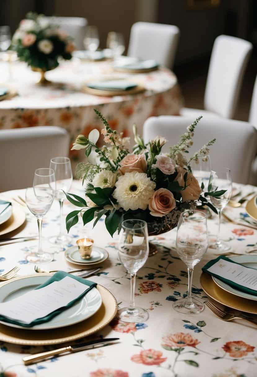 A table set with floral patterned silk tablecloths, adorned with elegant place settings and centerpieces of fresh flowers