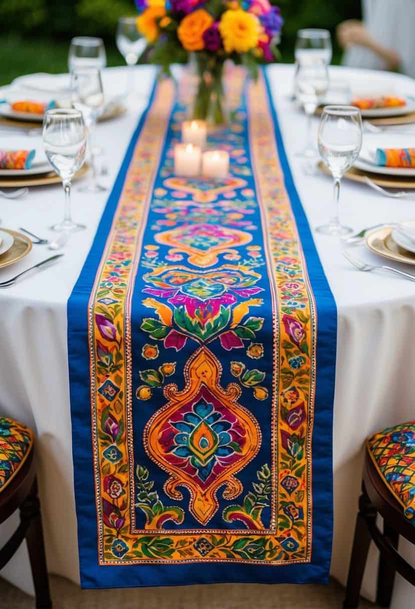 A vibrant batik table runner drapes across a table, adorned with colorful patterns and intricate designs, adding a touch of multicultural elegance to a wedding celebration