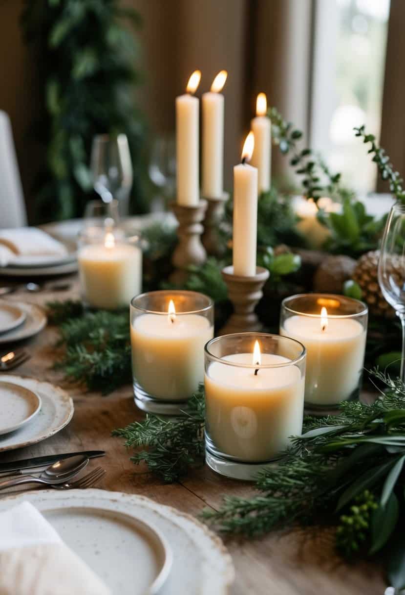A table adorned with elegant soy wax candles in recycled glass holders, surrounded by natural greenery and earthy accents