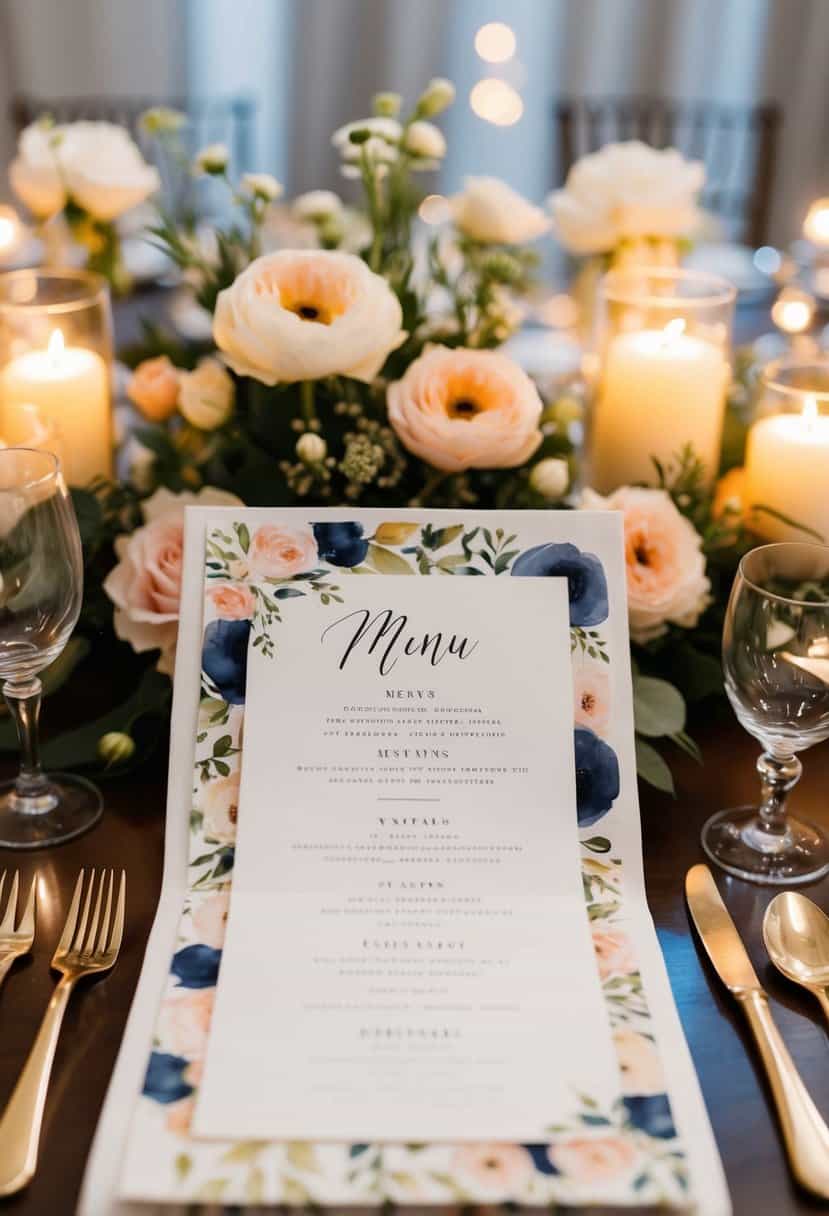 A watercolor painting of elegant menus arranged on a wedding table, surrounded by floral centerpieces and soft candlelight