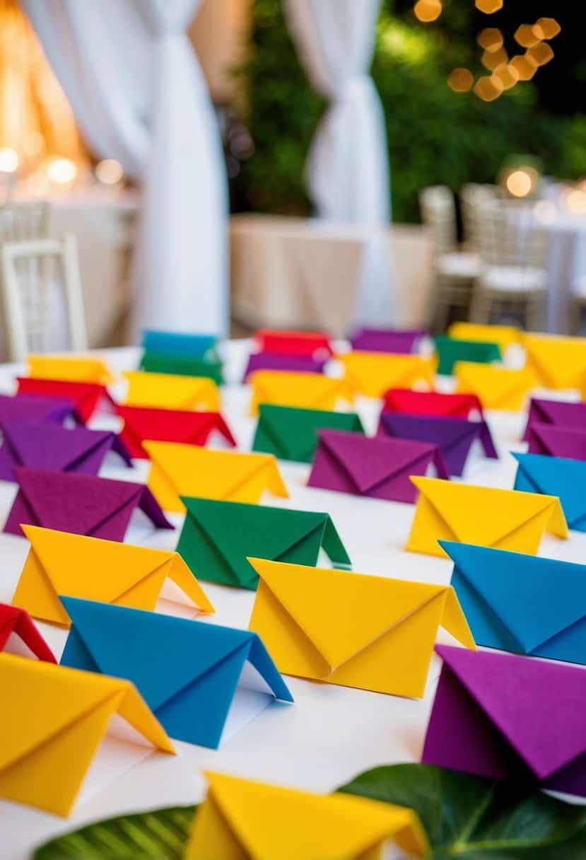 Colorful origami place cards arranged on a table, representing various cultures and traditions for a multicultural wedding celebration