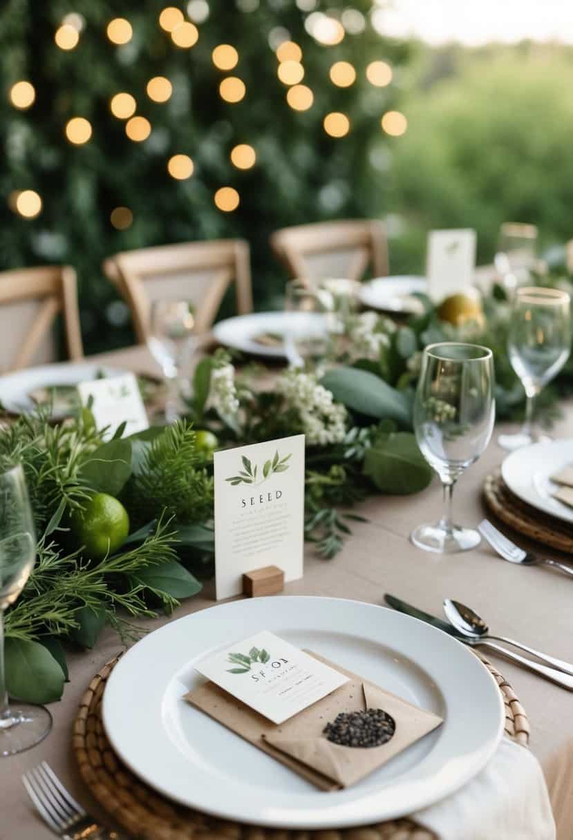 A table set with seed paper place cards, surrounded by greenery and natural decor for a sustainable wedding