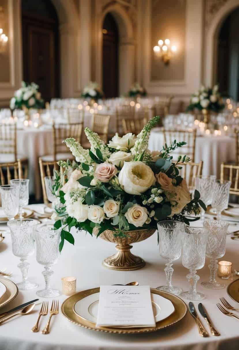 A grand wedding table adorned with ornate Victorian cut glassware and elegant floral arrangements