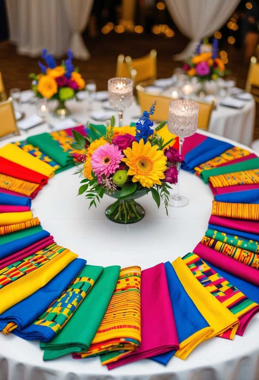 Colorful kente cloth napkins arranged on a wedding reception table with vibrant flowers and cultural decor