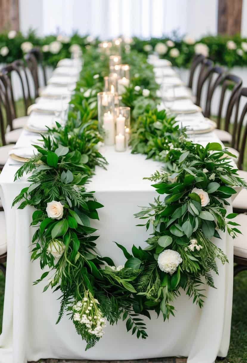 Lush green garlands draped across a wedding table, intertwined with delicate floral accents