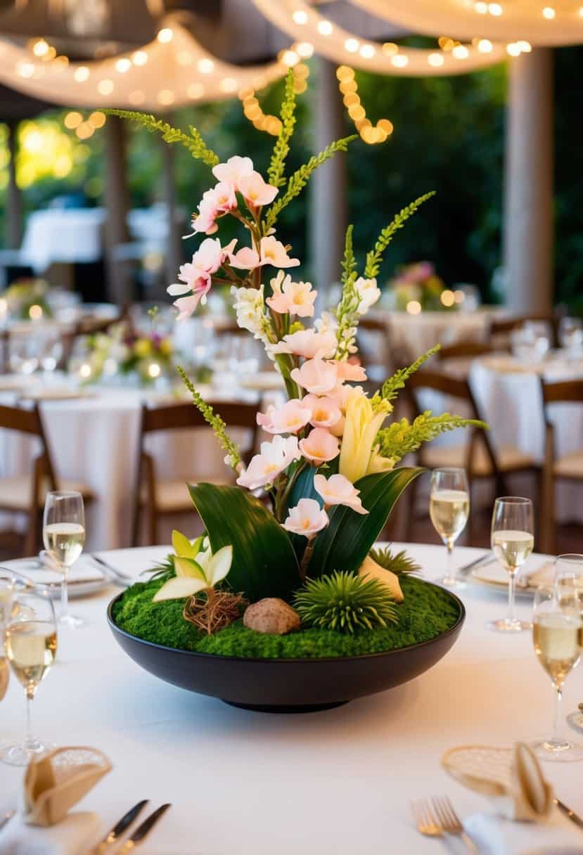 A Japanese ikebana centerpiece adorns a wedding table, blending multicultural elements in a harmonious display of natural beauty