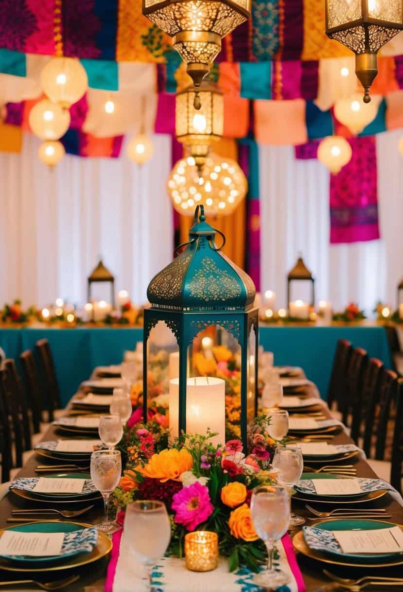 A table adorned with Moroccan lanterns, vibrant textiles, and exotic florals for a multicultural wedding celebration