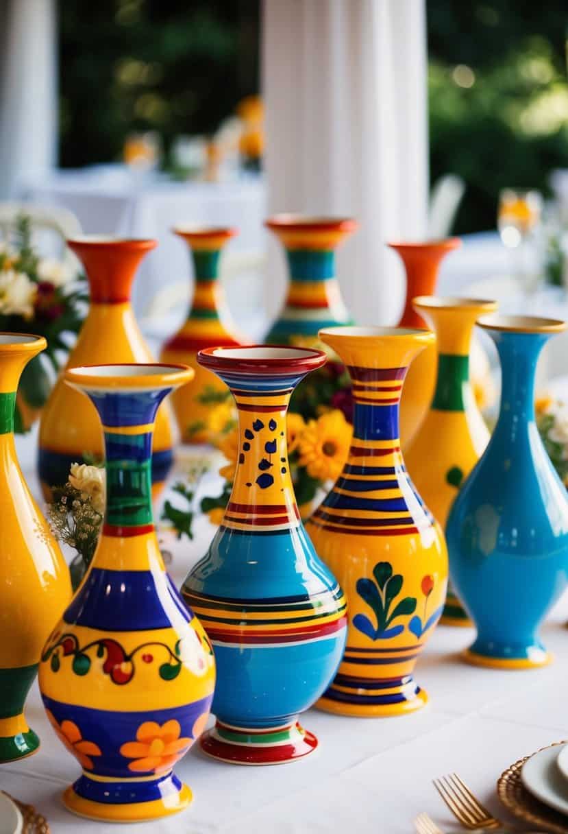 Colorful Talavera vases arranged on a wedding table, blending Mexican and multicultural elements