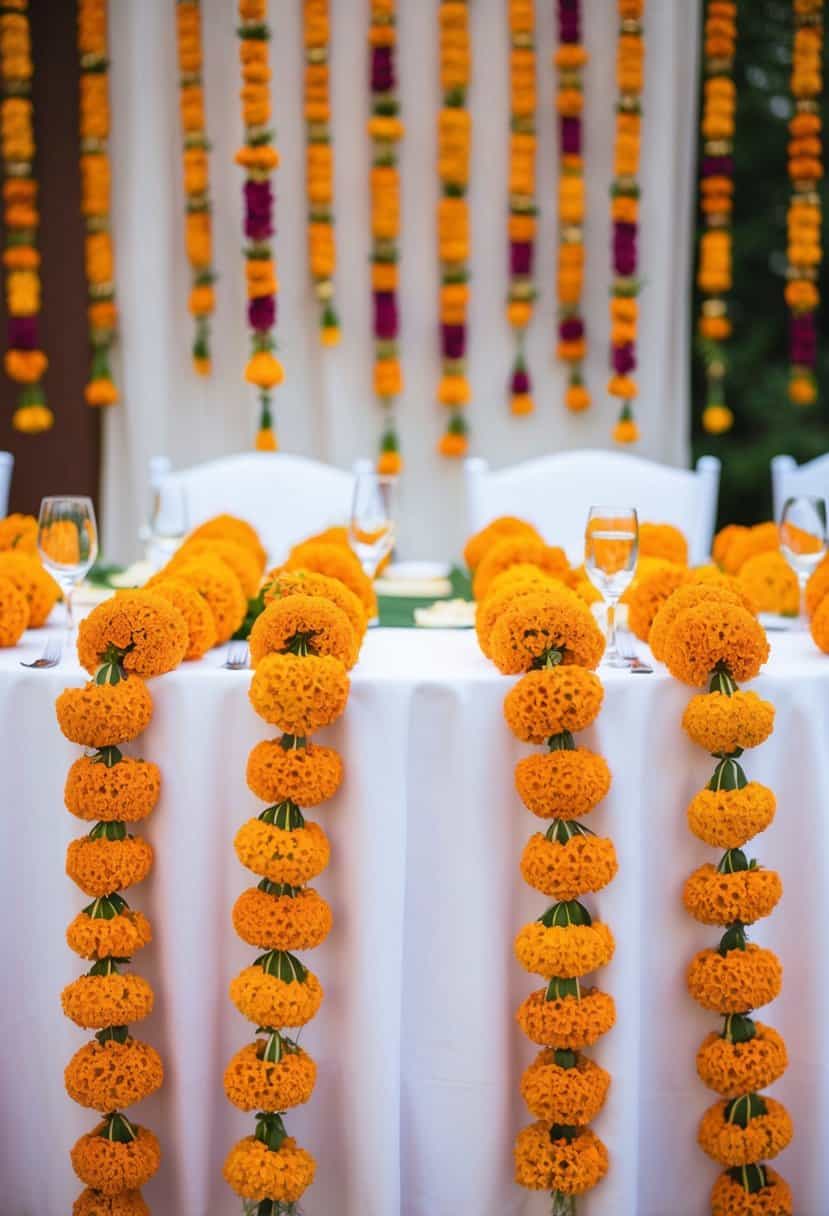 Marigold garlands draped across a wedding table, blending Indian and multicultural elements
