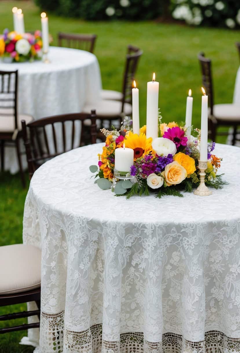 A round table with a white French lace tablecloth adorned with colorful flowers and candles, representing multicultural wedding decoration ideas