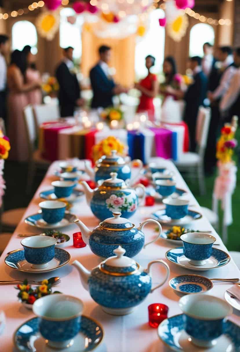 A table adorned with Chinese porcelain tea sets, surrounded by multicultural wedding decorations