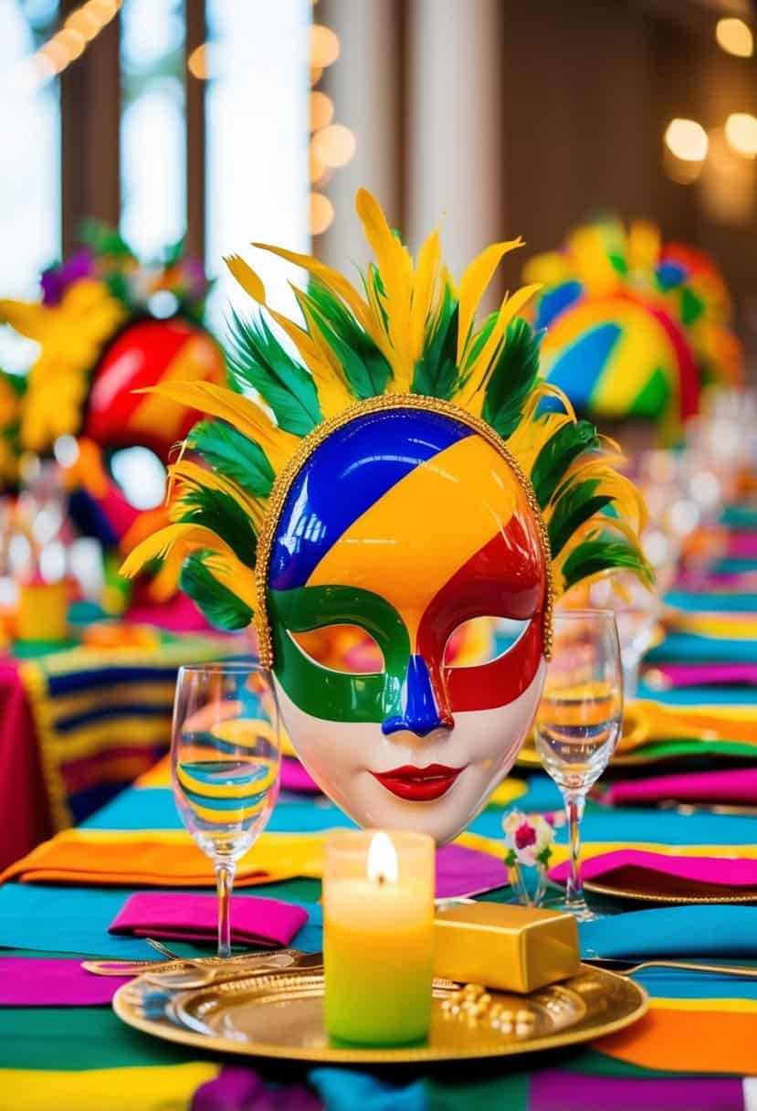 A colorful Brazilian carnival mask decor adorns a festive multicultural wedding table