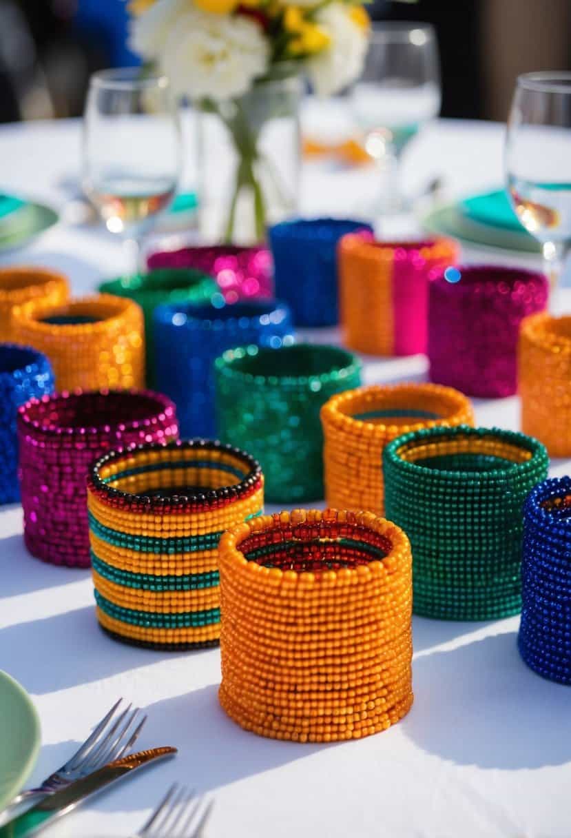 Colorful beaded napkin rings arranged on a table, reflecting African and multicultural wedding decor