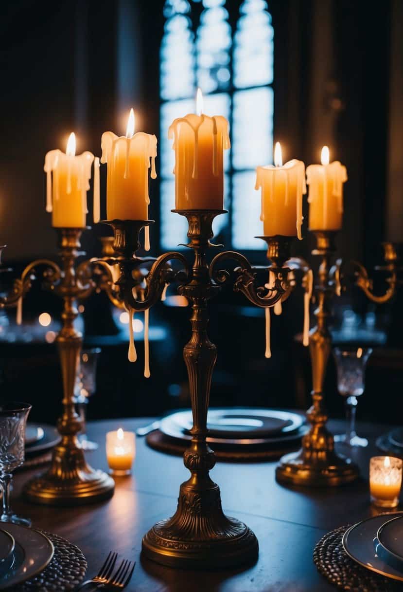 A dimly lit table adorned with ornate candelabras, their candles burning and wax dripping down the sides, creating a gothic and romantic ambiance
