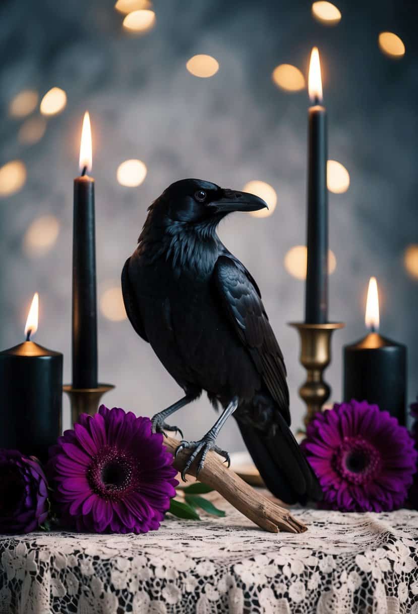 A black raven perched on a twisted branch, surrounded by deep purple flowers and black candles, set on a lace tablecloth