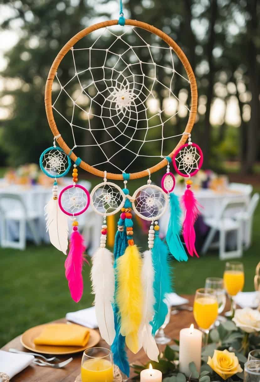 A wedding table adorned with dreamcatchers in various sizes and colors, blending Native American and multicultural elements