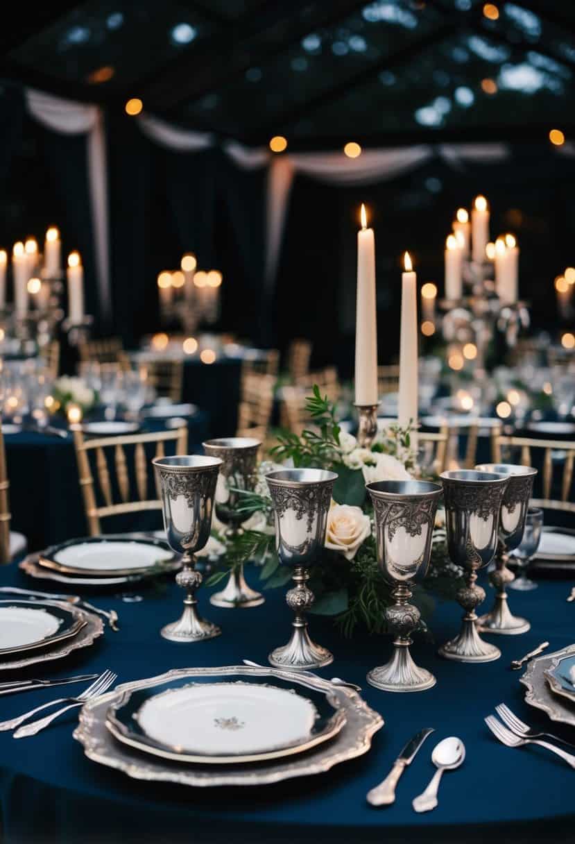 A dark, ornate table adorned with antique silver goblets and gothic-inspired decor for a wedding reception