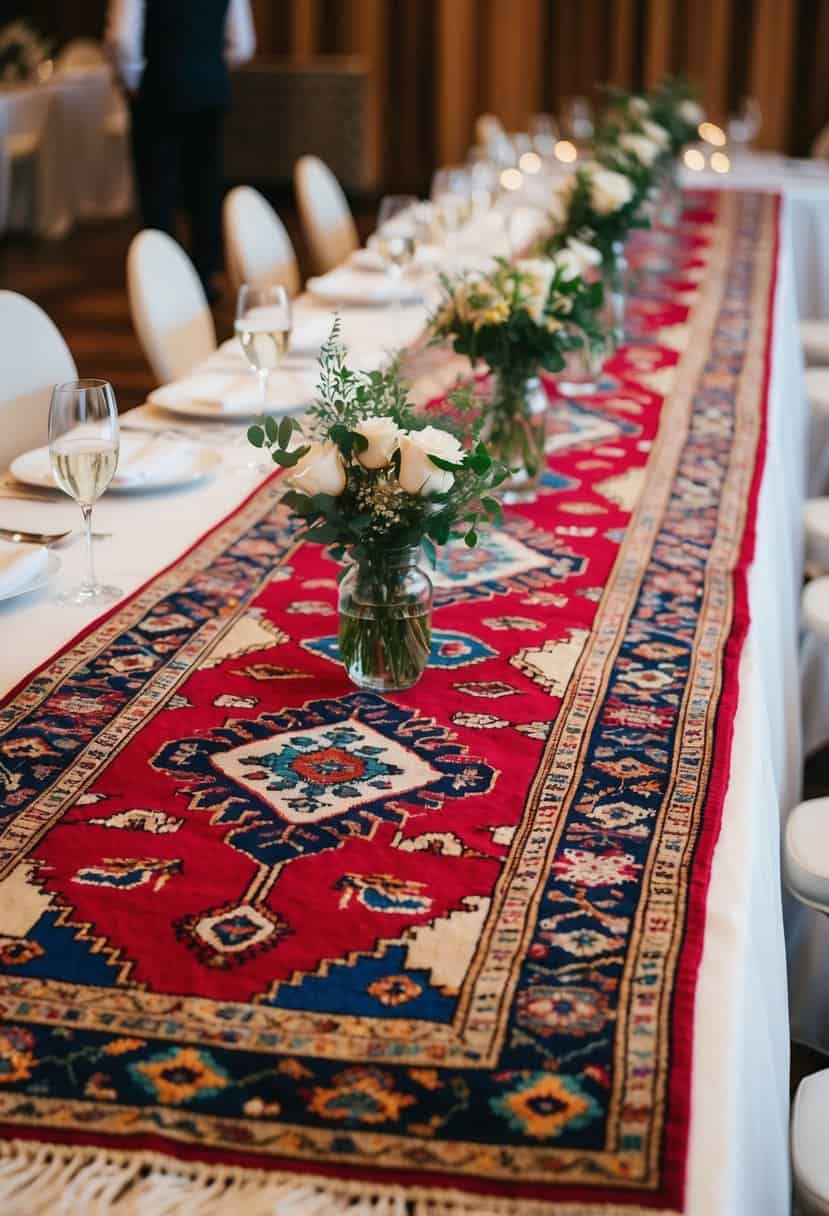 A colorful Persian handwoven table rug adorns a wedding reception table, adding a touch of multicultural elegance to the decor