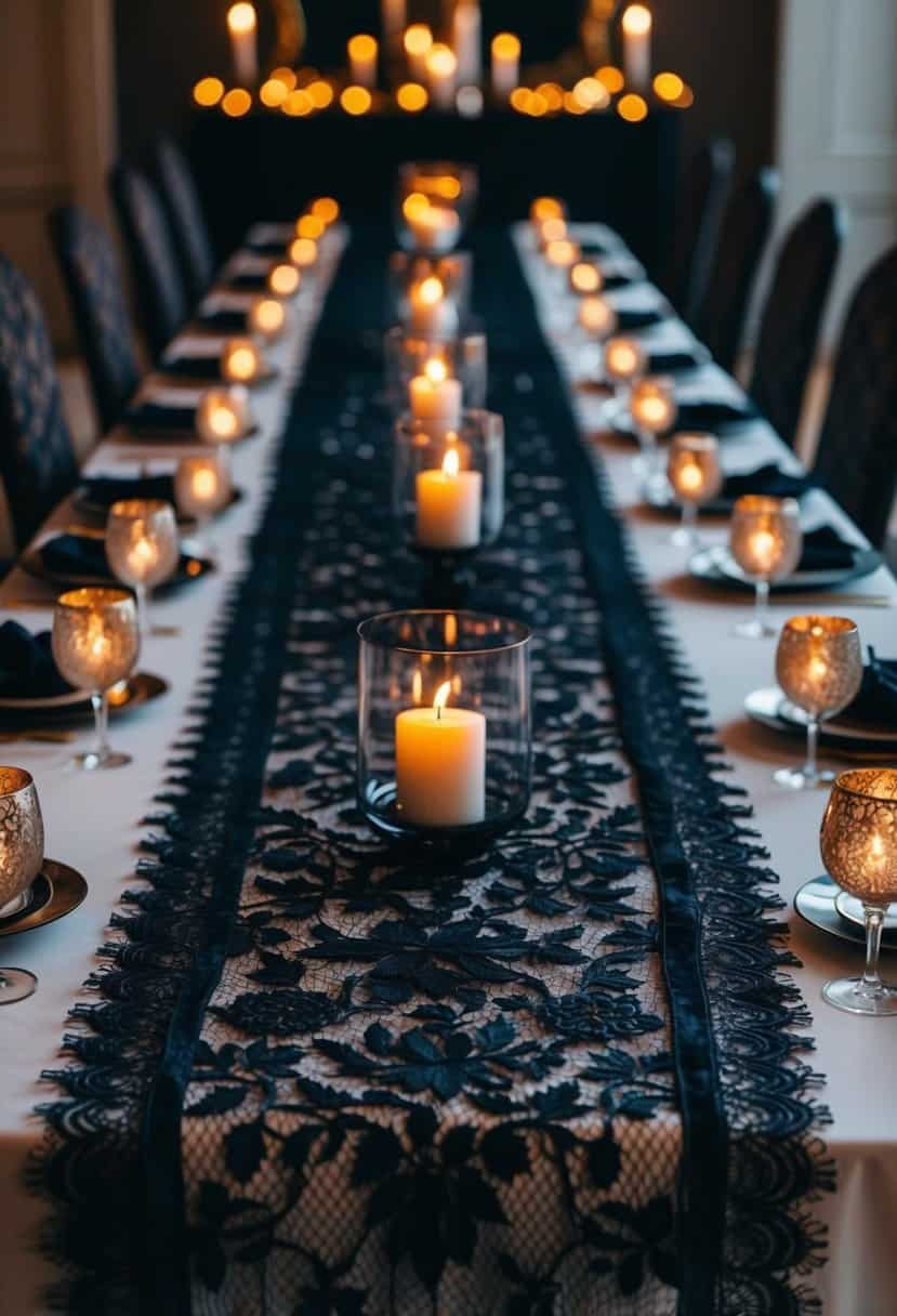 A dark, ornate lace table runner drapes across a long, elegant dining table, surrounded by flickering candlelight and gothic-inspired centerpieces