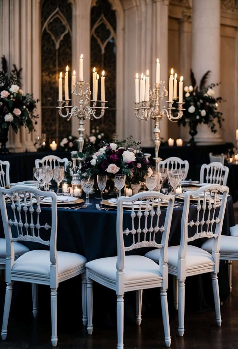 Victorian-style dining chairs surround a gothic wedding table adorned with dark florals and candelabras
