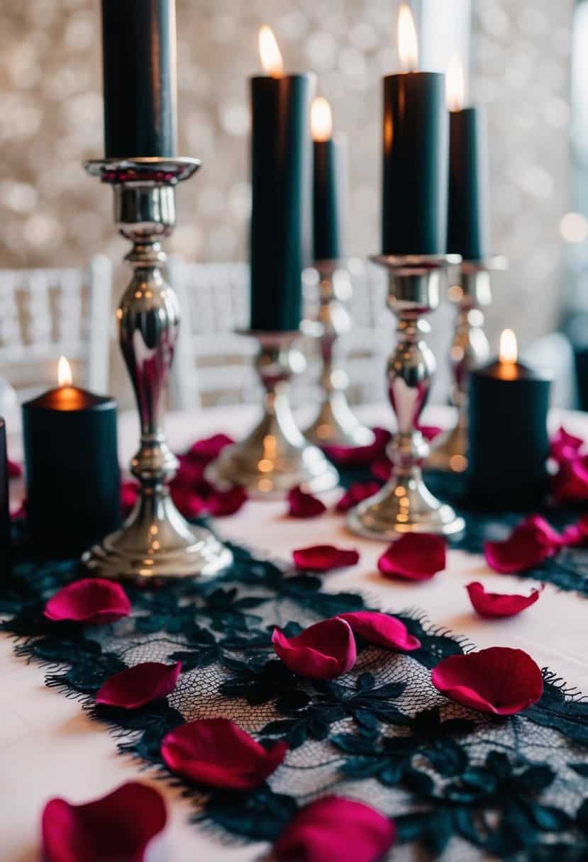 Crimson rose petals scattered on a black lace table runner, surrounded by flickering black candles and silver candelabras