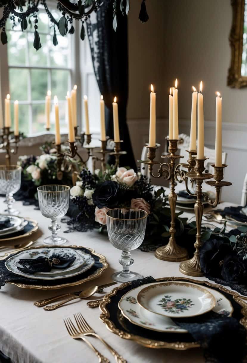 A table adorned with mismatched vintage china, featuring gothic-inspired elements like black lace, dark florals, and antique candelabras