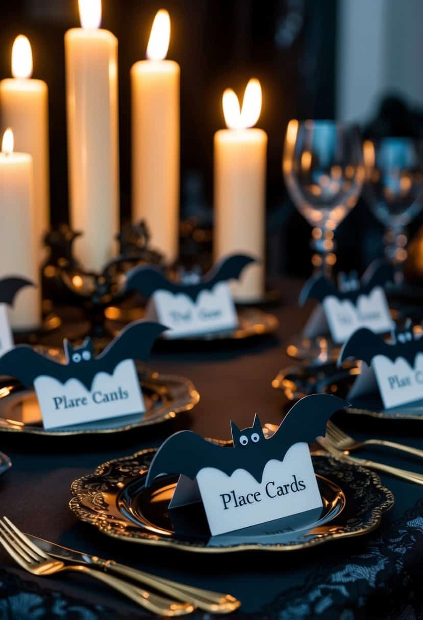 Bat-shaped place cards arranged on a dark, ornate table with flickering candles and black lace accents