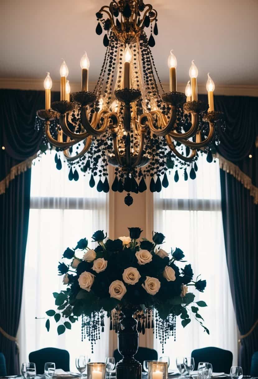 A grand gothic chandelier hangs over a table adorned with dark roses and black lace, creating a dramatic and elegant wedding centerpiece